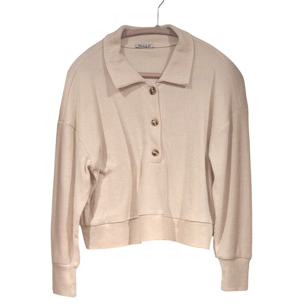 Michele B Cream Ribbed‎ Knit Button Down Pullover Top XS Casual Relaxed
